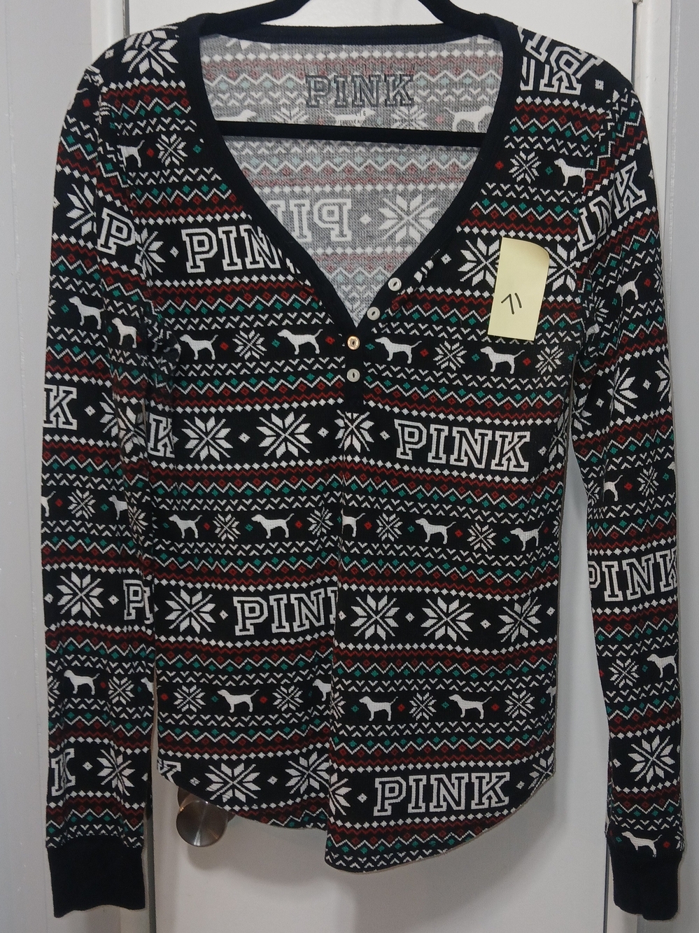 PINK Victoria's Secret Black V-Neck Fair Isle Button Sweater/PJ Top